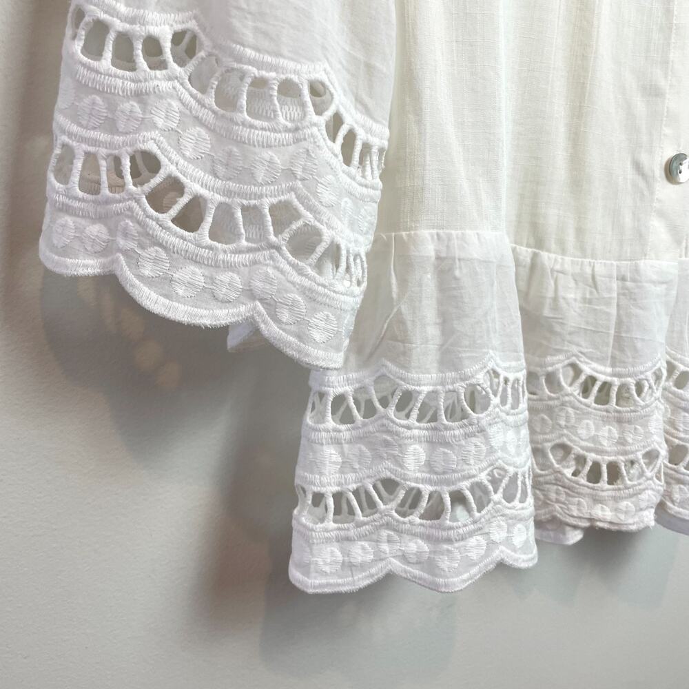 White Rayon Button Up Shirt Open Stitch Crochet Lace Boho Minimalist Flowy Boxy - Picture 3 of 7